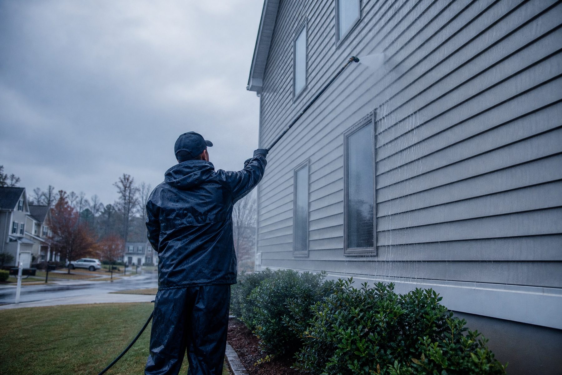 Martin in waterproof gear soft washing the upper siding of a two-story house